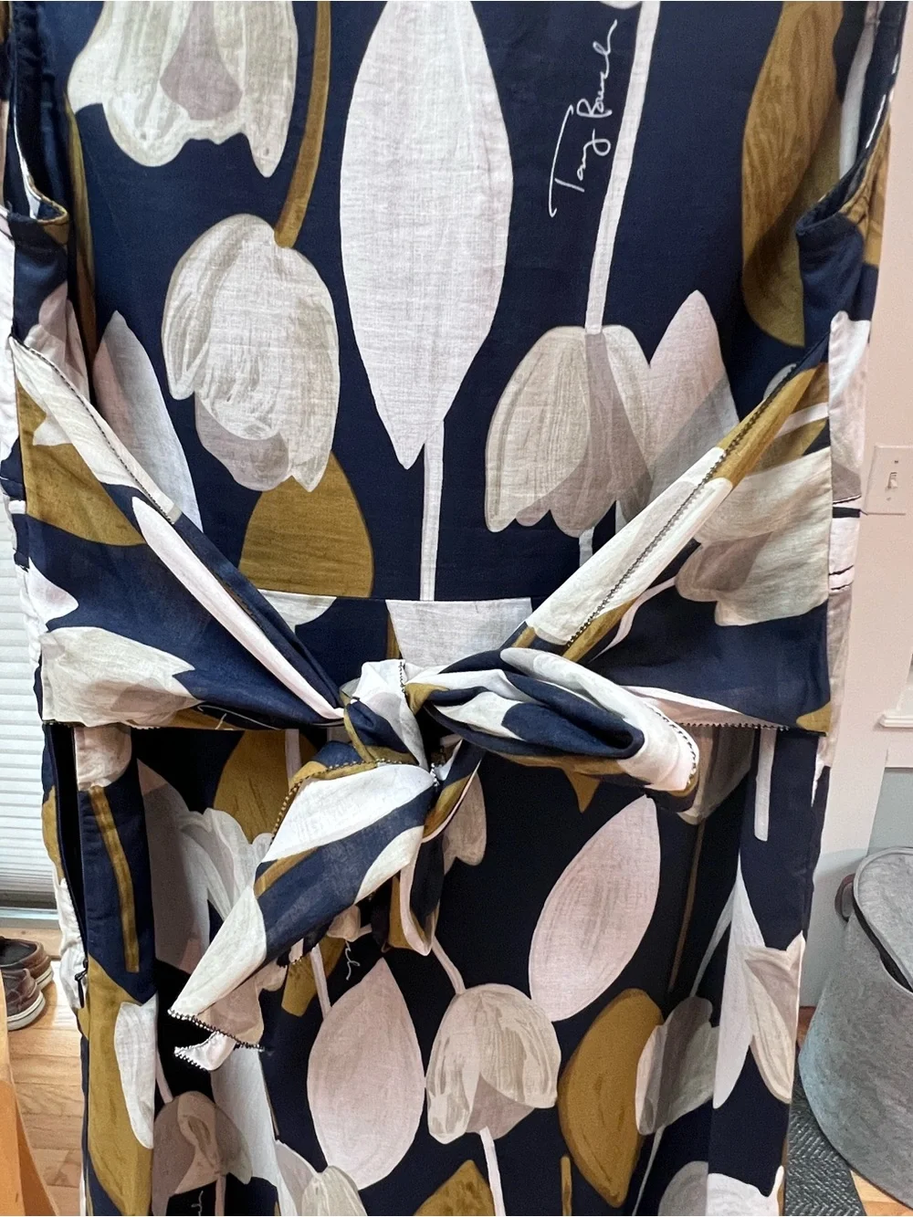 Tory Burch Sleeveless Floral Navy/Ivory Tulip Print Dress Tie Waist Size 4